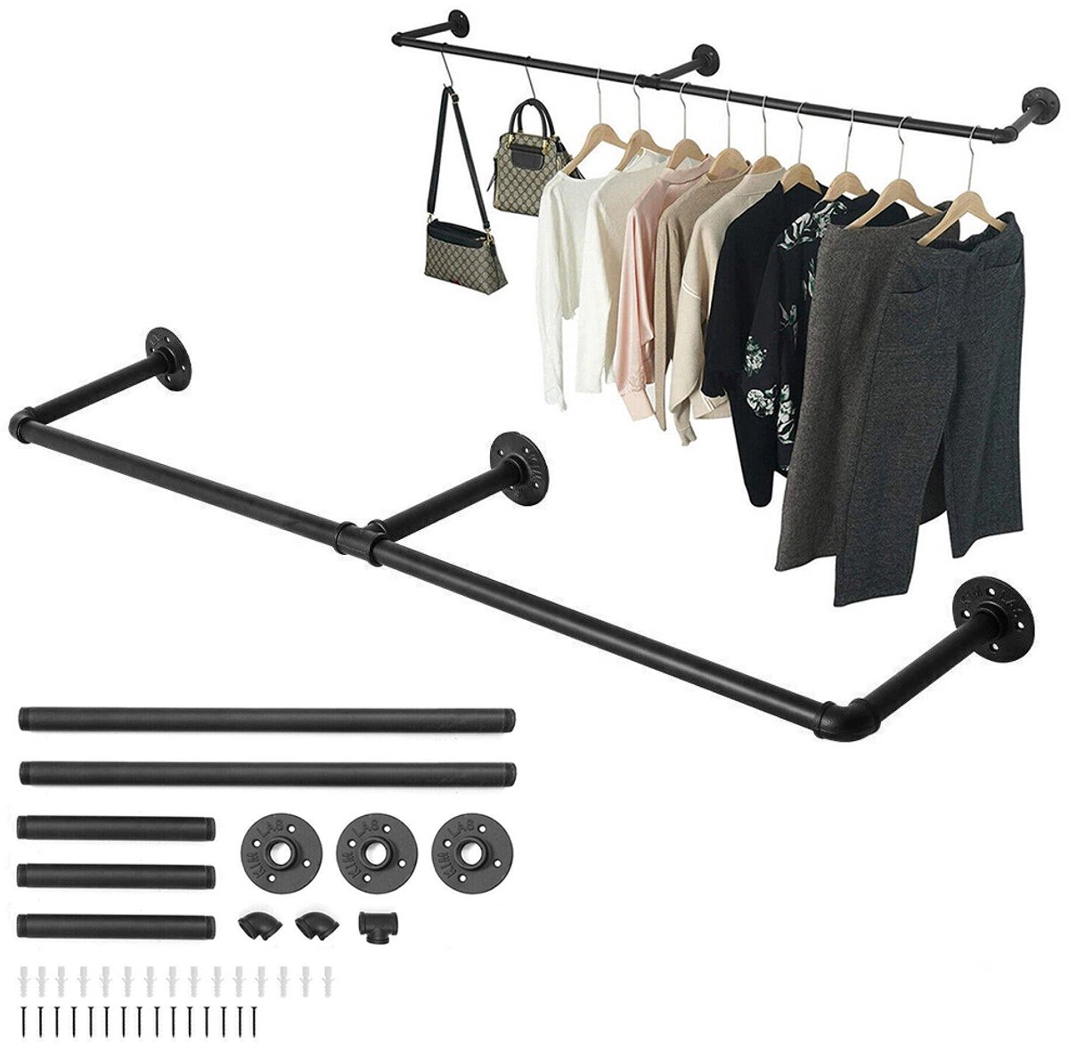 Kledingrek - 120 cm, tweedelig - ophangsysteem met drie bevestigingspunten - Wandgemonteerde kledingroede - Displayrek/kledingkast - Geschikt voor het opbergen van kleding en handdoeken - Unisex - Metaal - Zwart