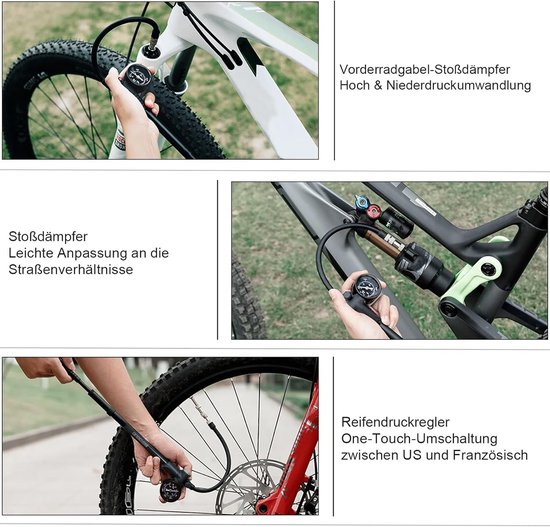 3-in-1 Fietspomp voor Voorvork en Achtervering - Hoge Druk Pomp tot 300 PSI met Manometer en Ventielknop, Compact en Draagbaar voor Fietsen en Banden — afbeelding 4