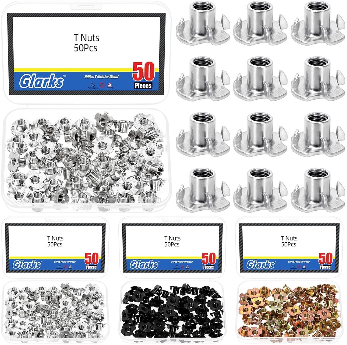 50 Stuks M6 x 10mm Verchroomde T-Nuts voor Meubels, Houtbewerking en Klimgerei - Volledige Draad en Vierkante Rand