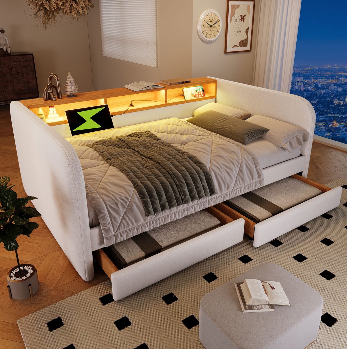 MIVRAY Slaapbank 140x190 Cm Zonder Matras - Met Led, USB C En Opberg Hoofdbord - 2 Laden Voor Slaapkamer - Stof - Lichtbeige