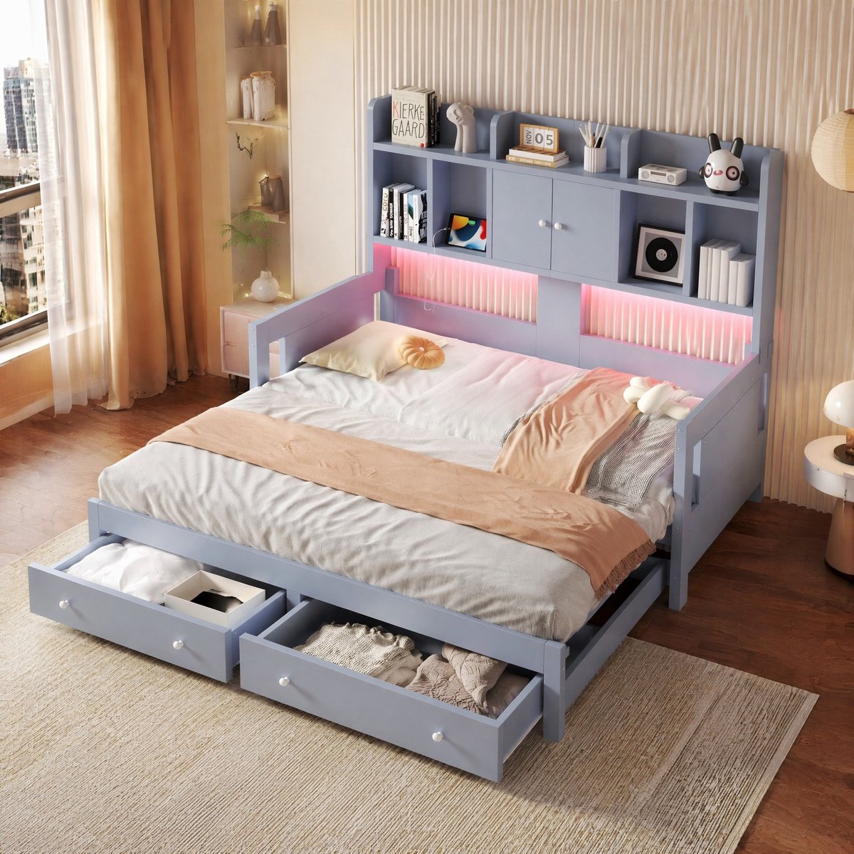 MIVRAY Slaapbank 90x190 cm - Uitschuifbare Bedbank Met Lades, Opbergvakken, Stopcontact en LED-Verlichting - Zonder Matras - Hout en MDF - Grijs