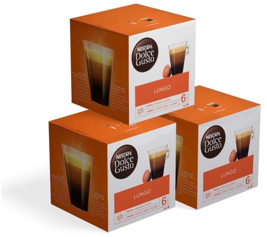 Drie dozen Nescafé Dolce Gusto Lungo koffiecups, elk met 6 cups en een afbeelding van een lungo.