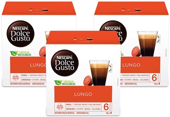 Drie dozen Nescafé Dolce Gusto Lungo, elk met 6 cups, een afbeelding van een lungo en de tekst 'Cápsulas Recicláveis'.