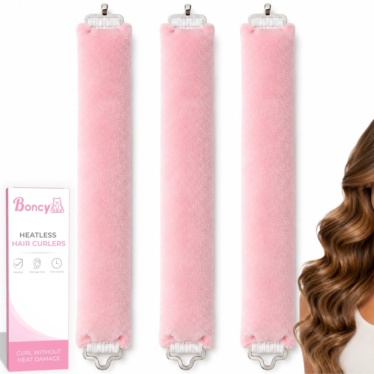 Boncy® Heatless Curls - Set van 3 Haarrollers - Rollers Voor Krullen - Krulspelden Haarkruller - Haar Kruller - Krullers Zonder Hitte - Warmtevrije Krulset - Voor Lang & Kort Haar - Roze