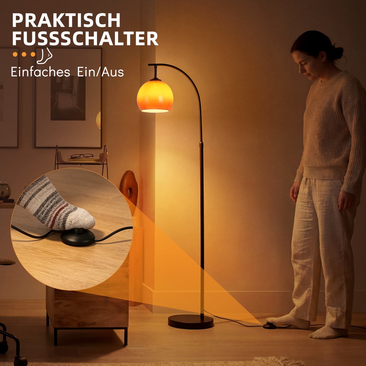 NETTLIFE E27 Boog Vloerlamp - Glazen Lampenkap - Metaal IJzer - Draaibare Arm met Voetschakelaar - voor Woonkamer | Slaapkamer | Studeerkamer- zonder Lichtbron thumbnail 2
