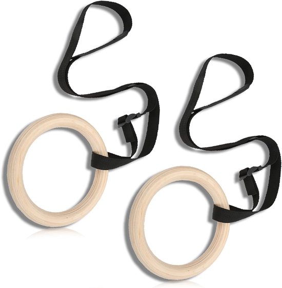 2 Professionele houten gymnastiekringen – Fitness en krachttraining – Draagvermogen tot 500 kg – Fitnessringen – Sporttraining – Sporthulpmiddelen voor thuis – Hout + polyester – Geschikt voor binnen- en buitengebruik