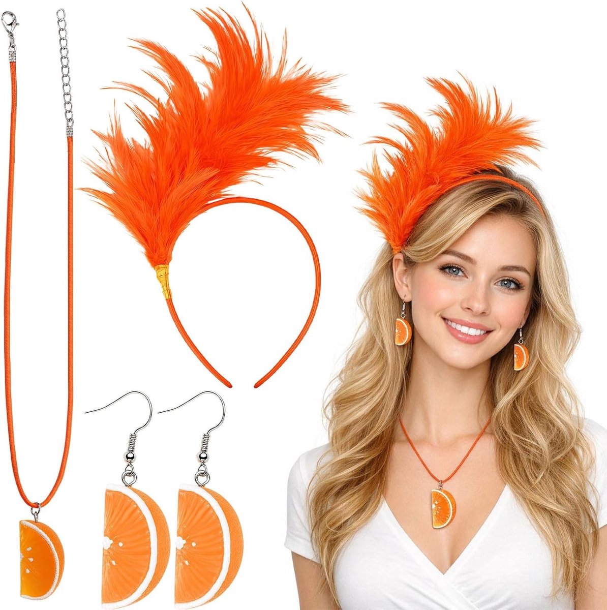 Aperol Kostuum Haarband voor Dames met Veren, Oranje Oorbellen en Ketting voor Carnaval en Halloween Feestjes