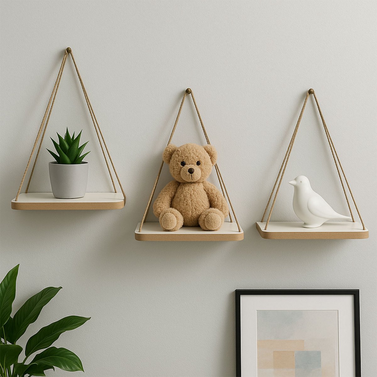 Jungengel Vintage Hangend Wandrek Set van 2 Jute Touw - Extra Dik 18mm Hout - Wit 32x21cm