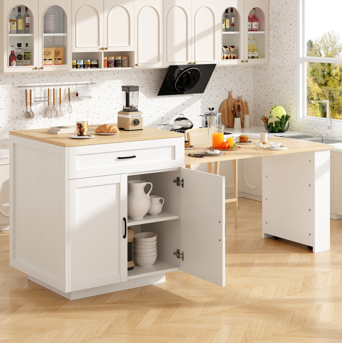 MEUNIQ Uitschuifbare bartafel 133-202 x 70 x 93,5 cm met lade, vakken, zijrek en vergrendelbare wielen, keukeneiland met opbergruimte voor keuken en eethoek, wit