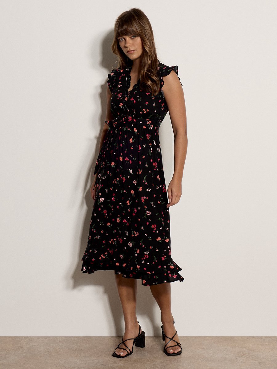Midi-jurk met kleine bloemenprint en ruches