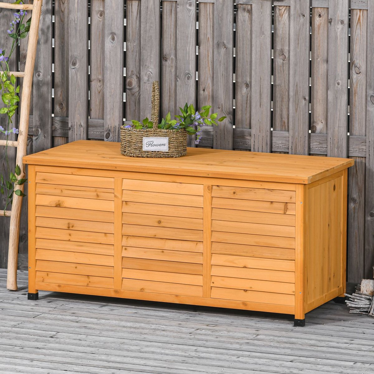 MEUNIQ kussenbox tuin 127 x 56 x 60 cm met opklapbaar deksel, lattenstructuur en opbergruimte voor kussens en tuingerei, houten tuinbox voor terras of tuin, geel