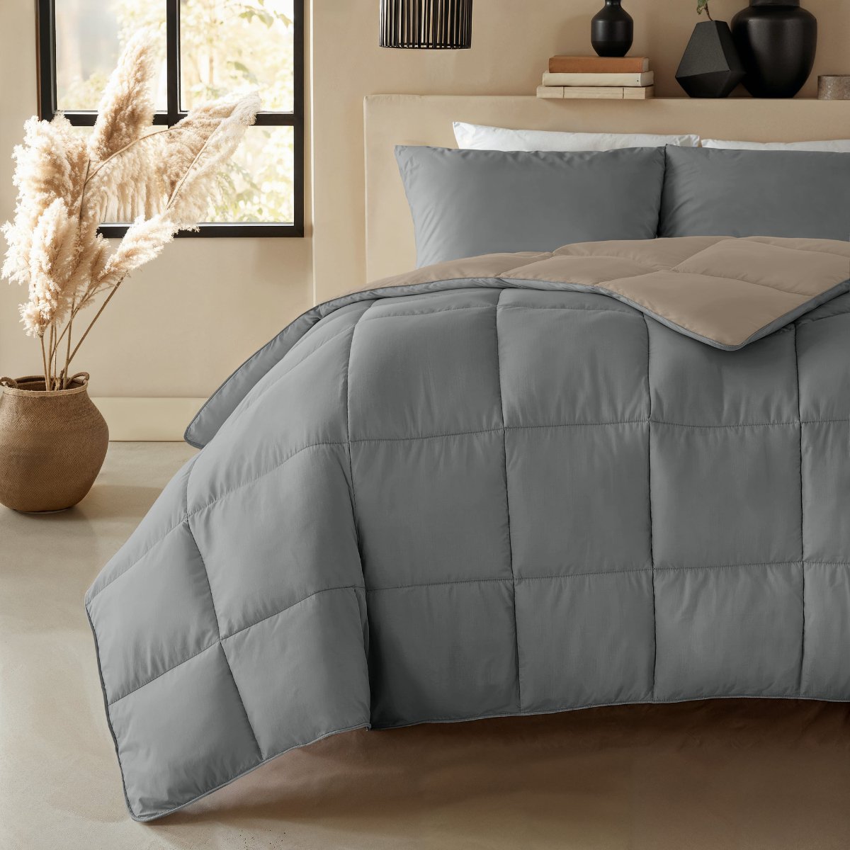 Zelesta Deluxe Duo Dream Anthracite & Taupe 140x200 - Dekbed zonder overtrek - Eco Cloud vulling - Wasbaar hoesloos dekbed - Vaste overtrek - Percal katoen dekbed - All Year Winterdekbed & Zomerdekbed