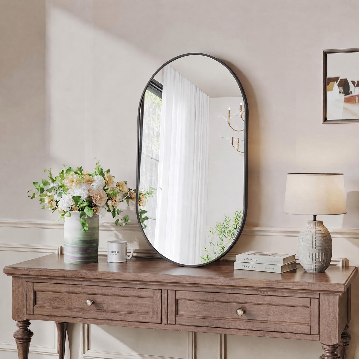 Ovale Wandspiegel Zwart 75x50cm met Aluminium Frame en Gehard Veilig Glas voor Badkamer Hal Woonkamer