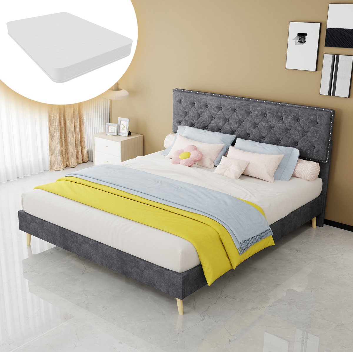 COVREO Bed 160x200 cm grijs stof, met matras en hoog hoofdeinde