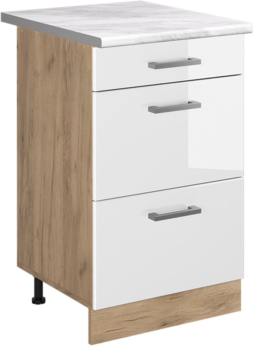 Vicco Keukenonderkast R-Line, Wit Hoogglans/Goudkleurig Eiken, 50 cm marmer werkblad