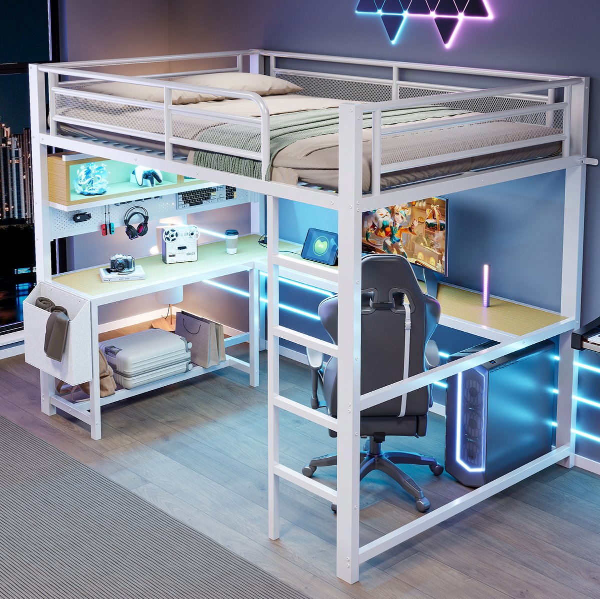 COVREO Hoogslaper 140x200 cm wit MDF met bureau, LED en opbergruimte