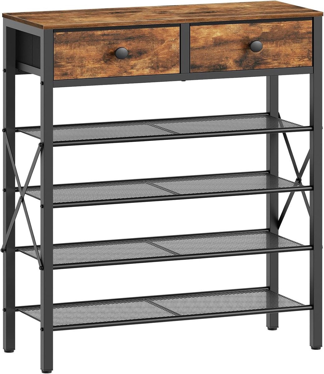Schoenenrek met 5 Niveaus, Grote Schoenopberging met 2 Stoffen Lades en 4 Vakken, Ruimtebesparend voor 20 Paar Schoenen in Entree of Gang, Vintage Bruin en Zwart