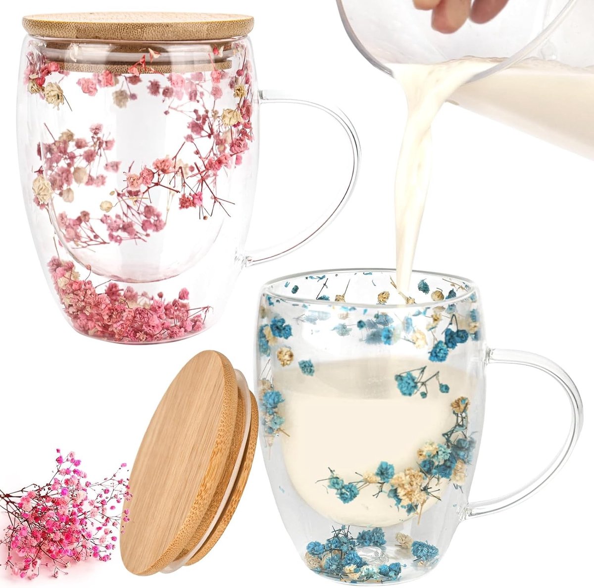 Elegante Dubbelwandige Latte Macchiato Glazen met Lepel en Deksel, 350 ml Cappuccino Glazen voor Koffie en Thee, Warmte-isolerende Glazen met Handvat en Droogbloemen (Roze, Blauw)