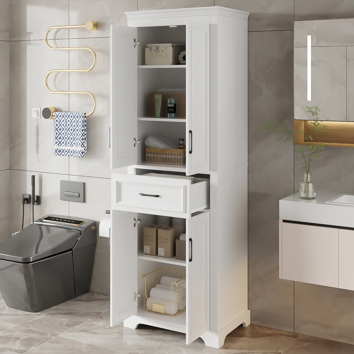 COVREO Badkamerkast 60 x 40 x 180 cm wit MDF, dubbele deuren en lade