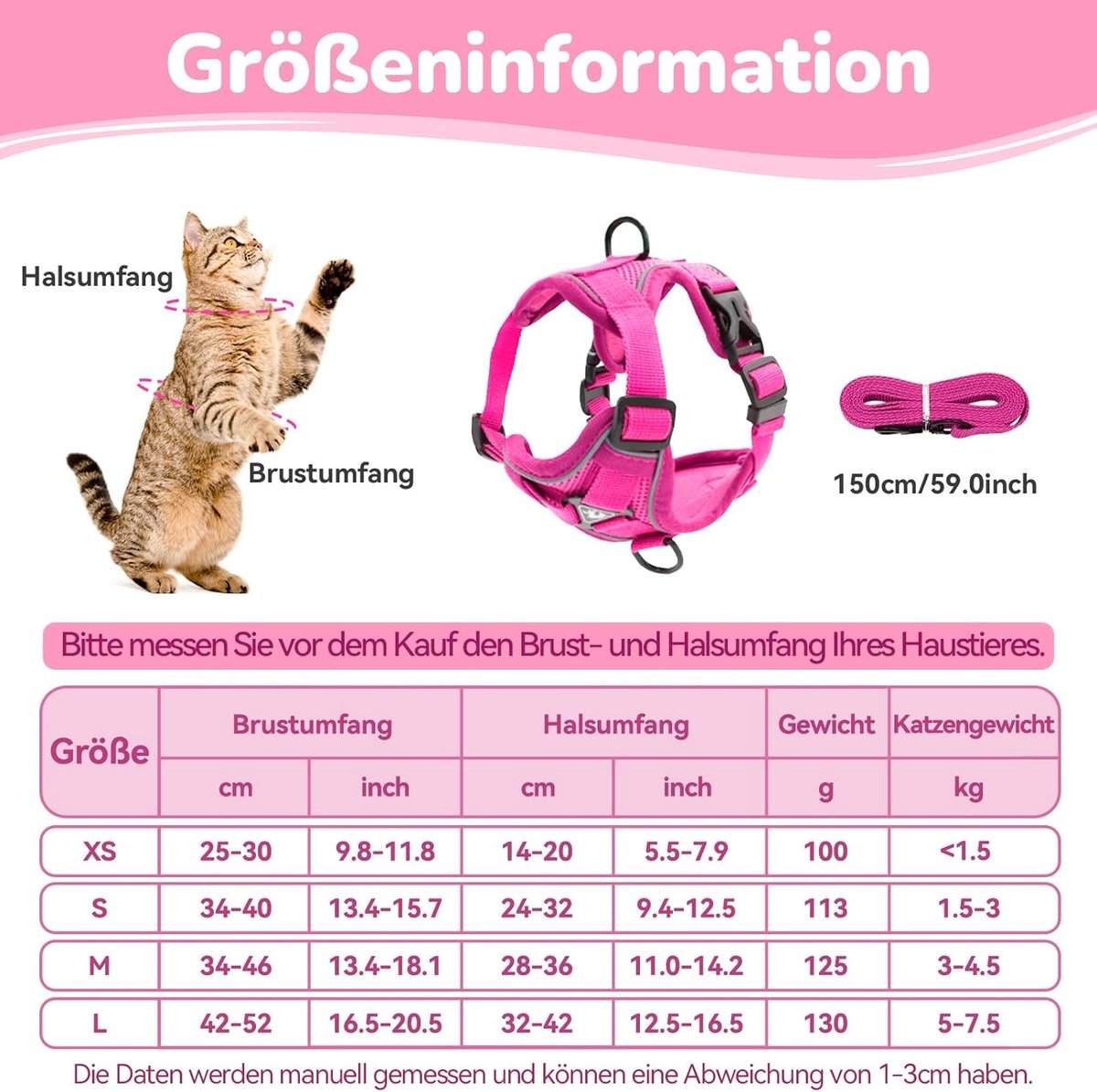 Kattenharnas - Roze - S - Verstelbaar Mesh Harnas met Reflecterende Band - Voor Katten en Kleine Huisdieren
