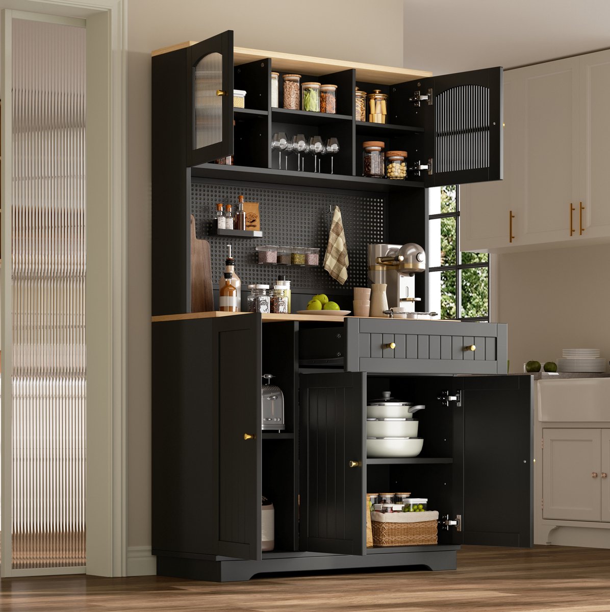 DESMIU Keukenkast - Hoogkast Met Verstelbare Legplanken En Geperforeerde Achterwand - Opbergruimte Voor Keuken En Eetkamer - Spaanplaat - Zwart - 103,5 X 40 X 180 Cm