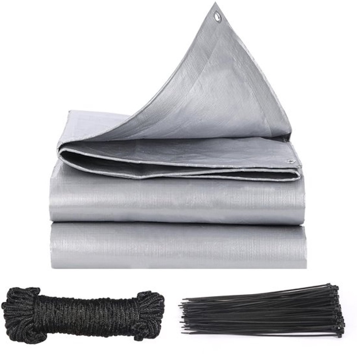 Afdekzeil, 2 x 3 m, beschermend zeil met ogen, tentzeil, waterdicht, met 10 meter touw en 100 stuks kabelbinders van nylon, geschikt voor campingtenten buiten, boten, terrassen, zwembaden