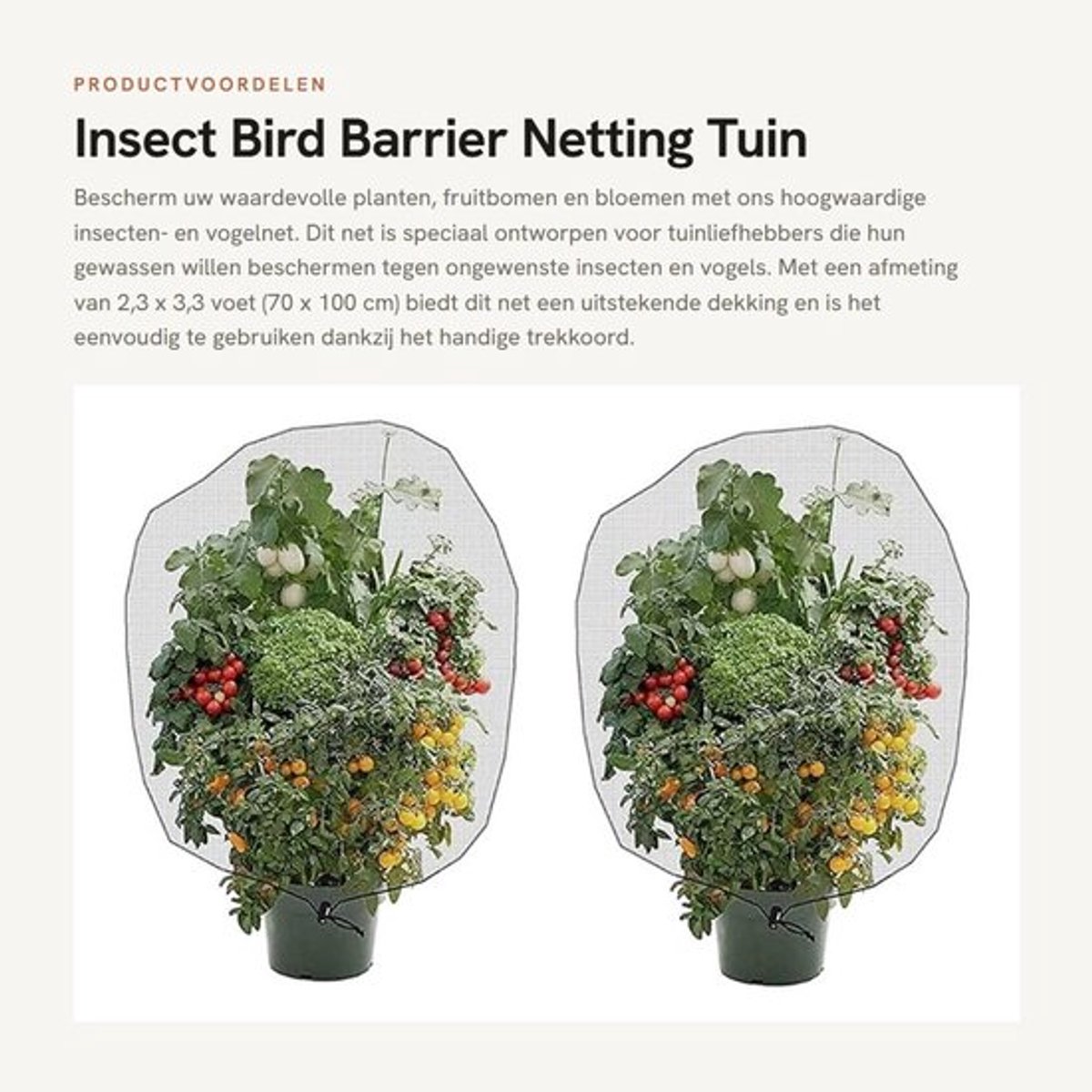 Insectennet 2 Stuks - Tuin Barrière Net - Bescherming Tegen Insecten/Vogels - PE Materiaal - Maat 70 x 100 cm - Trekkoord Ontwerp - Tuinnet