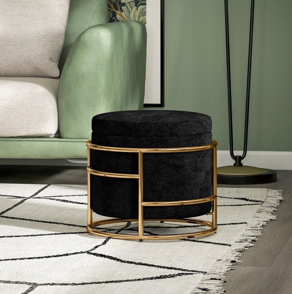 Hocker Met Opbergruimte – Ø42 x 39 cm – Samt – Zwart – Metalen Frame Voor Zitten En Voetensteun