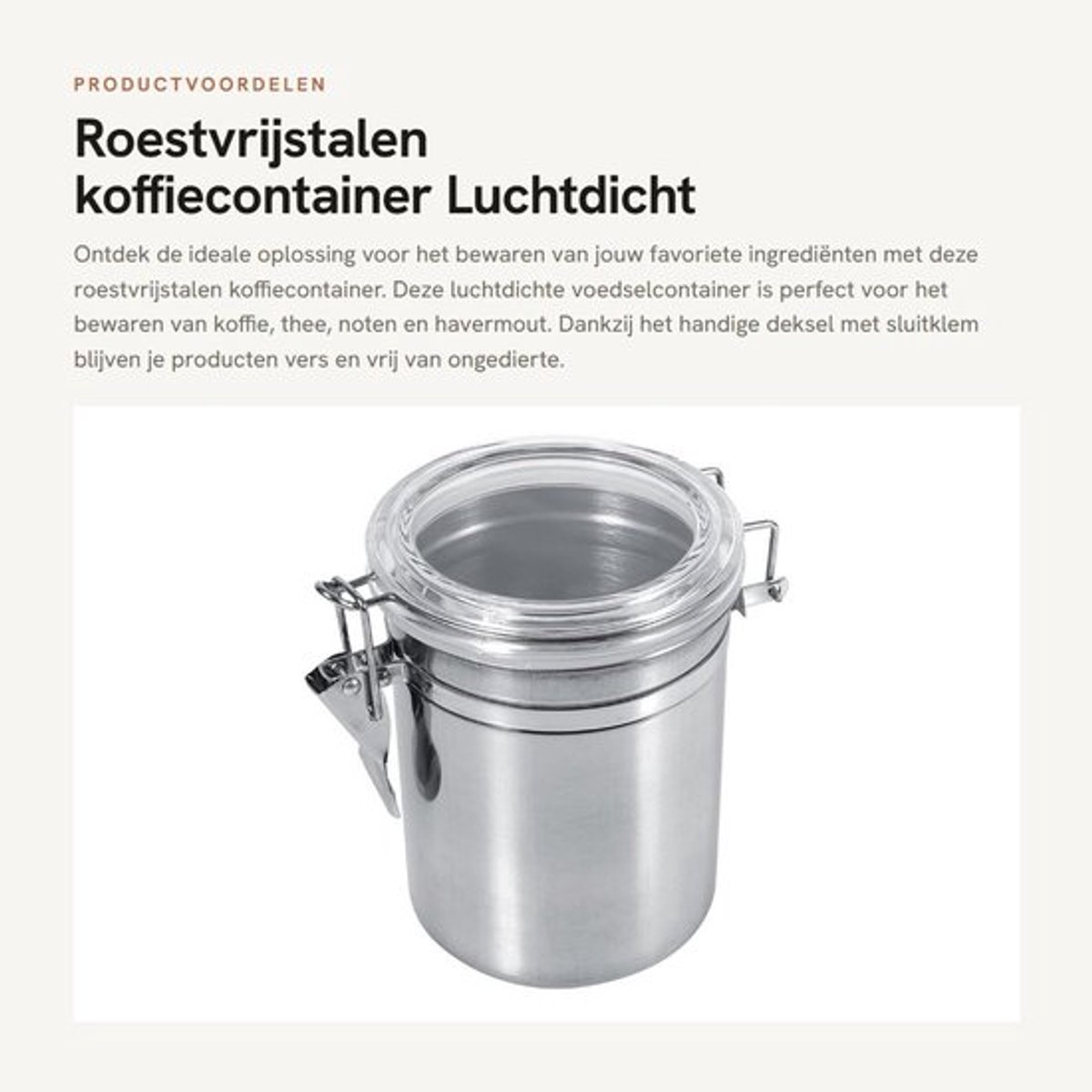Koffiecontainer Roestvrij staal - Luchtdicht - Voedselcontainer - Voedsel bewaren - Muesli-bewaarglas - Met deksel en sluitklem
