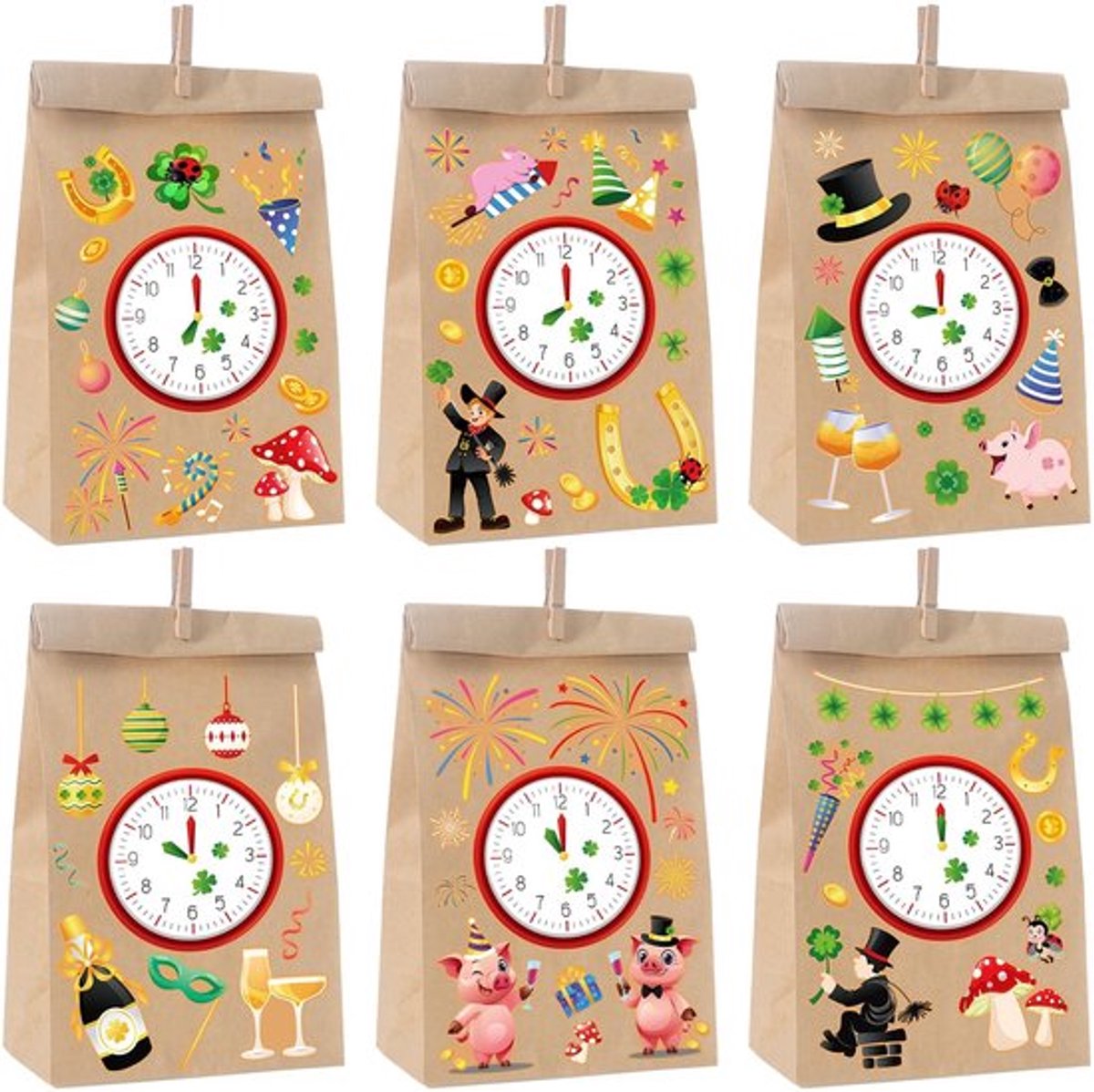 Countdown Zakken 6 Stuks - Geluksbrenger - Stickerklemmen - Feestcadeau - Nieuwjaarscadeau - Oudejaarsavondspel - Feestzakjes