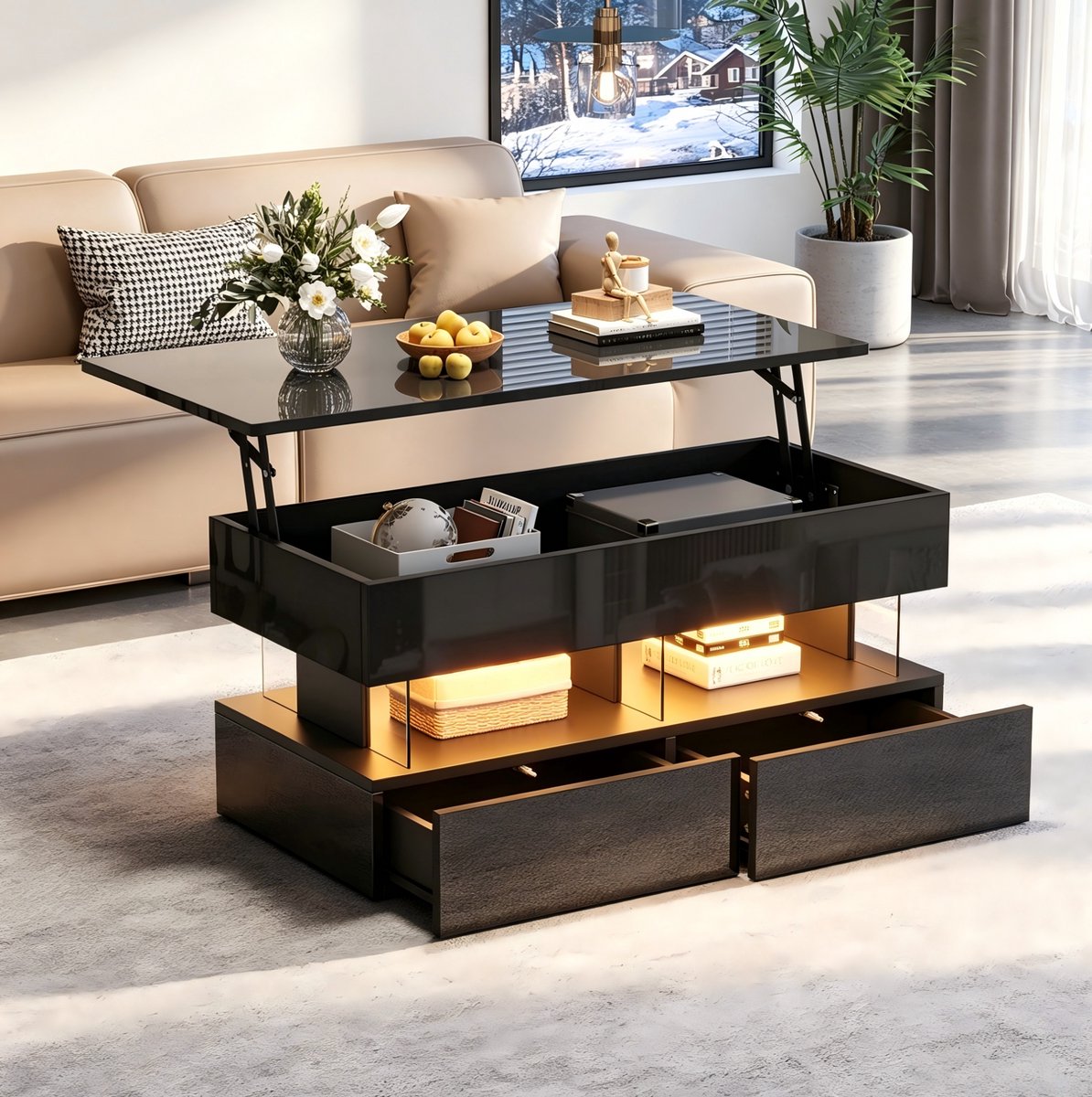 DESMIU Salontafel - Verstelbare Hoogte Met Led En 2 Lades - Opbergruimte Voor Woonkamer - MDF - Hoogglans - Zwart - 100x50x46 Cm