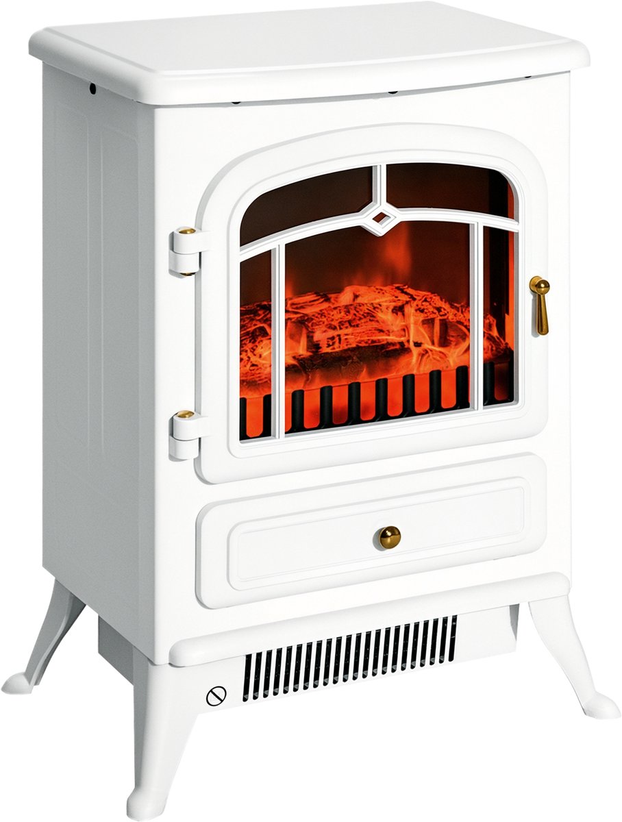 Sfeerhaard Elektrisch - Vrijstaande elektrische - Elektrische kachel - Elektrische haard - 950/1850W - LED Vlameffect - Met thermostaat - Met Oververhittingsbeveiliging - Retro stijl - 41x28x54 cm - Wit