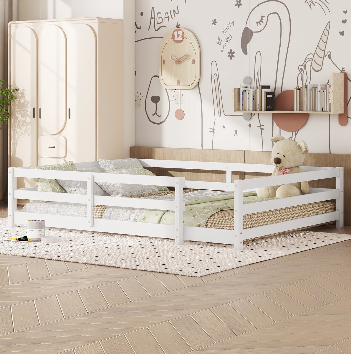 Wishdor Montessori bodembed - Kinderbed met 4-zijdige uitvalbeveiliging - lattenbodem - hout - wit - 140x200 cm