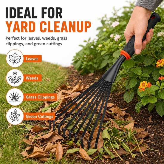 Kleine Handhark - Zwart en Oranje - 36,5 cm - Metalen Waaierbezem met Ergonomische Antislip Handgreep - Voor Tuinliefhebbers — afbeelding 4