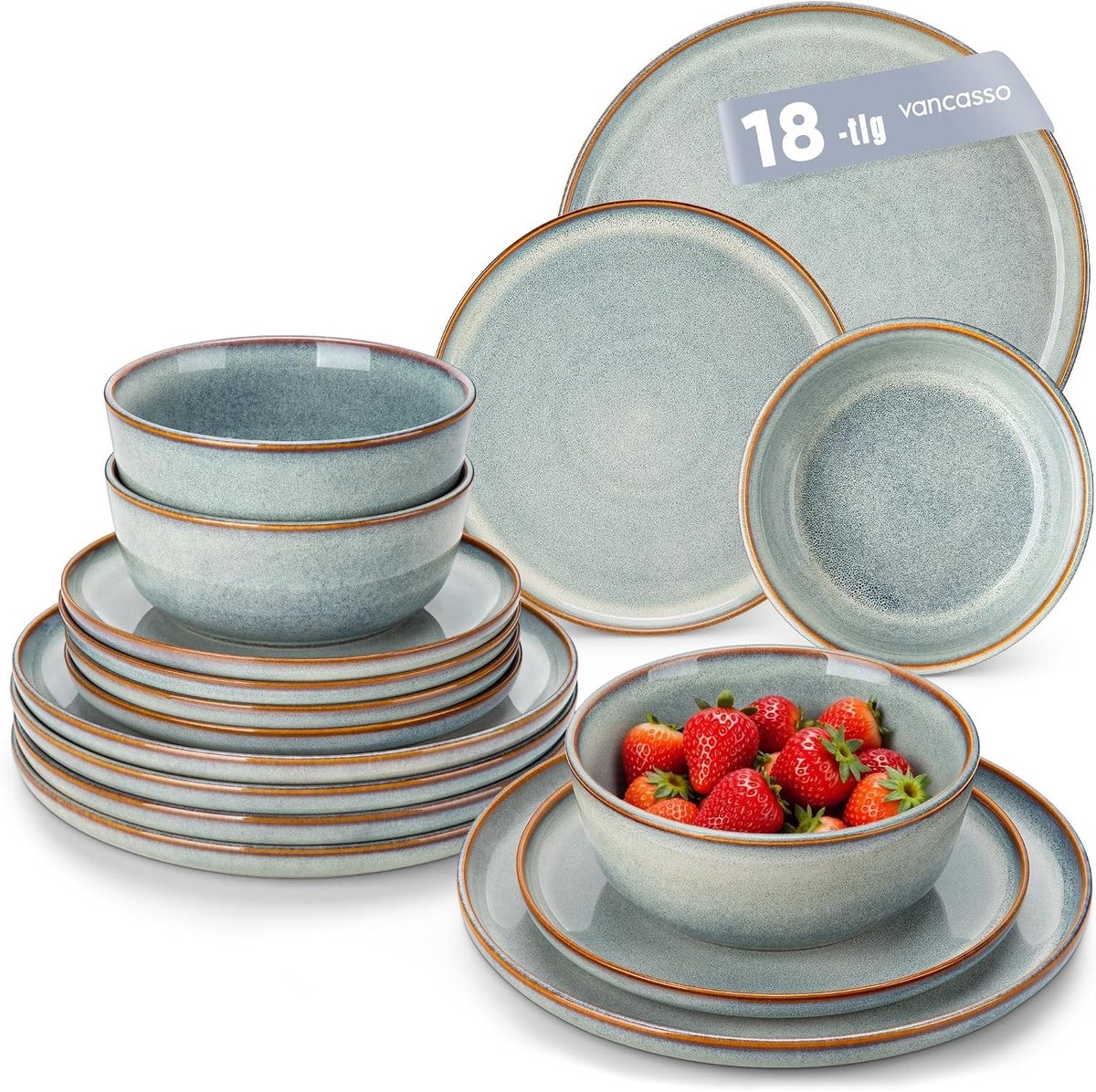 Steengoed dinerset - Lichtblauw - 18-delig - Aardewerk servies voor 6 personen - Modern ontwerp