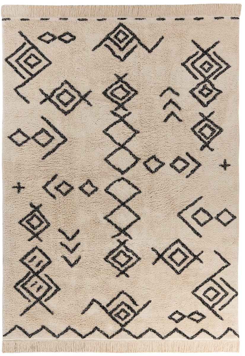Padiro laagpolig vloerkleed 160 x 230 cm - crème / zwart - modern geometrisch patroon - geschikt voor vloerverwarming - van katoen
