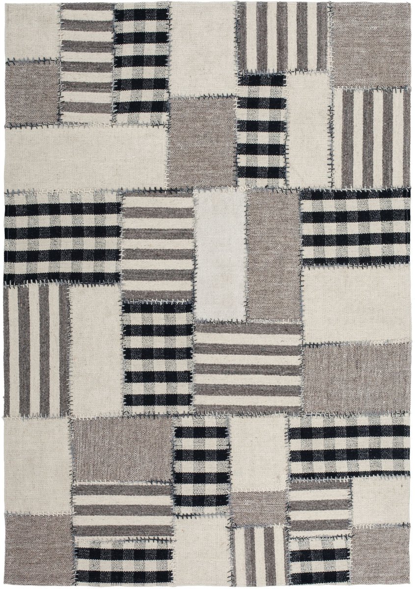 Padiro vloerkleed 160 x 230 cm - naturel / grijs - patchwork design - met handgestikte rechthoekige vlakken, strepen en ruitpatronen patchwork - voor vloerverwarming - van wol