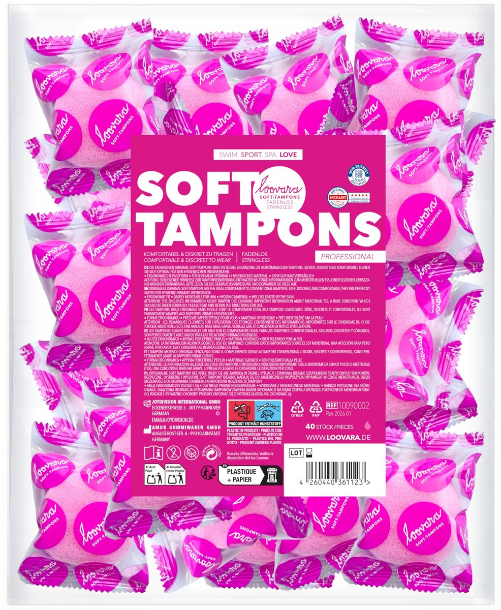 LOOVARA Soft Tampons PROFESSIONAL – 40 stuks – Zachte en comfortabele tampons zonder koord – Grotere maat voor een veilige en stabiele pasvorm – Discreet & hygiënisch voor sport en sauna