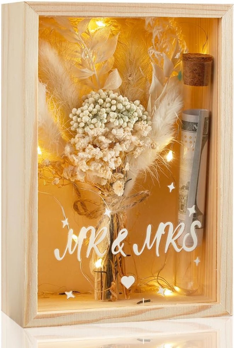 Huwelijksgeschenkdoos van Hout - 16 x 10 - 7 cm Cadeauverpakking voor Getrouwd Stel met Droogbloemen - Houten Doos - Reageerbuis - Lichtslingers