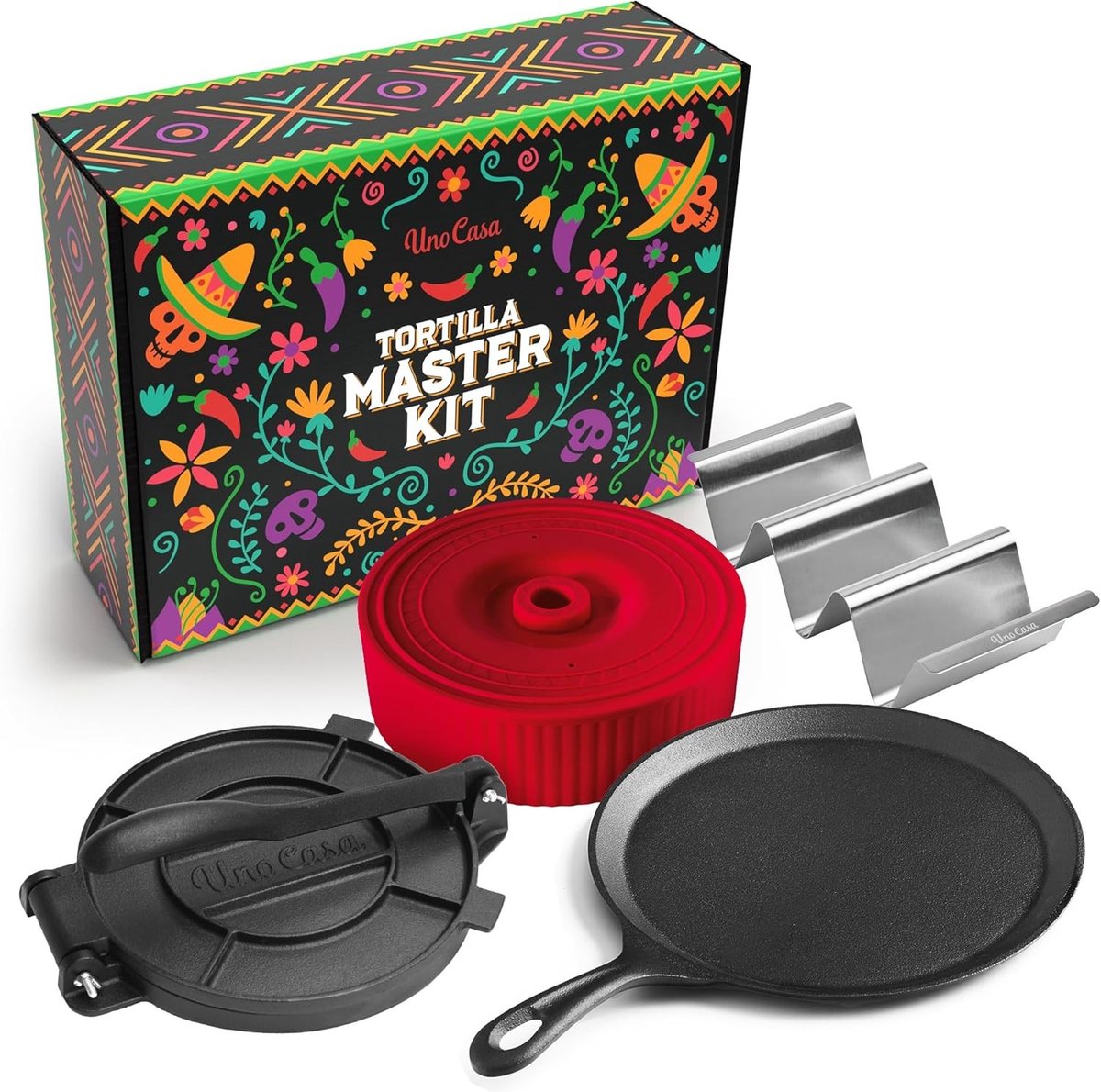 Tacohouder - Zwart - 8 Inch Master Kit - Gietijzeren Tortillapers met Comal Pan en RVS Taco Houders - Voor Thuisgebruik