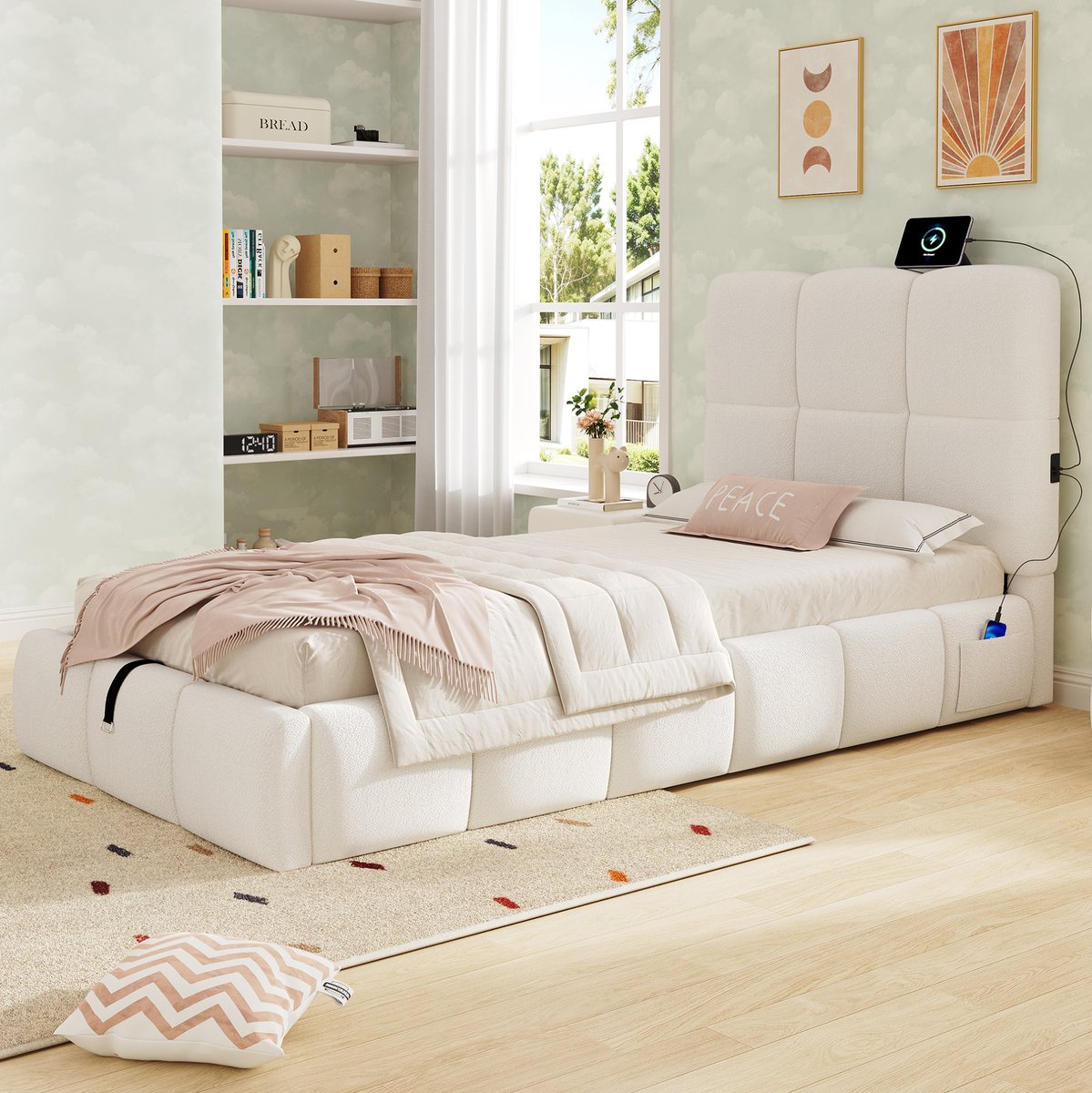 Wishdor Eenpersoonsbed - Hydraulisch opbergbed - Met lattenbodem - Kinderbed - Bouclé - Beige - 90 x 200 cm