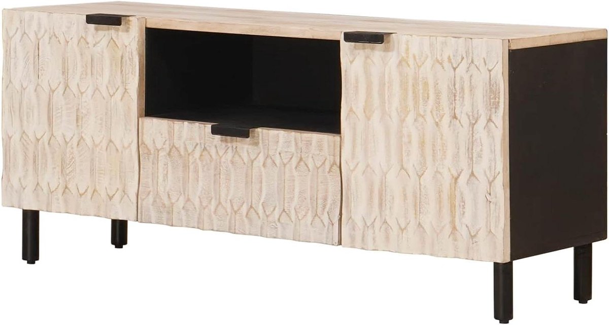 TV-kast met laden - Opbergmeubel - Media organiseren - Massief mangohout - 105 cm breed - Wit gewassen