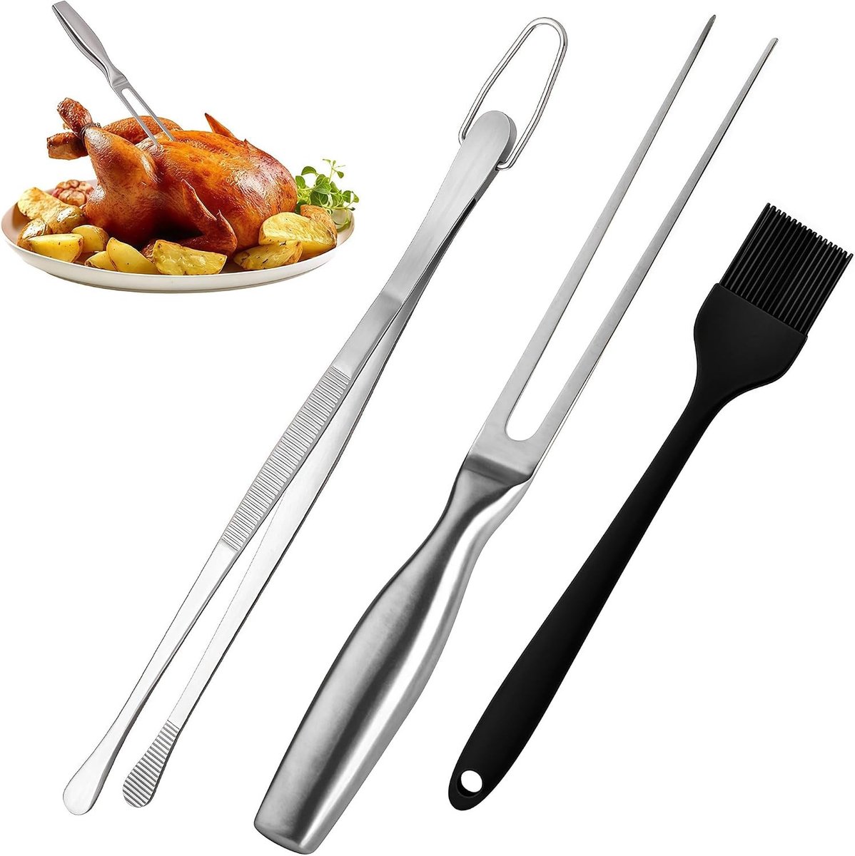 Vleesvork, Grilltang en Siliconen Kwast Set - Multifunctioneel Keukengereedschap voor Grillen, Braden en Serveren met RVS en Siliconen Materialen