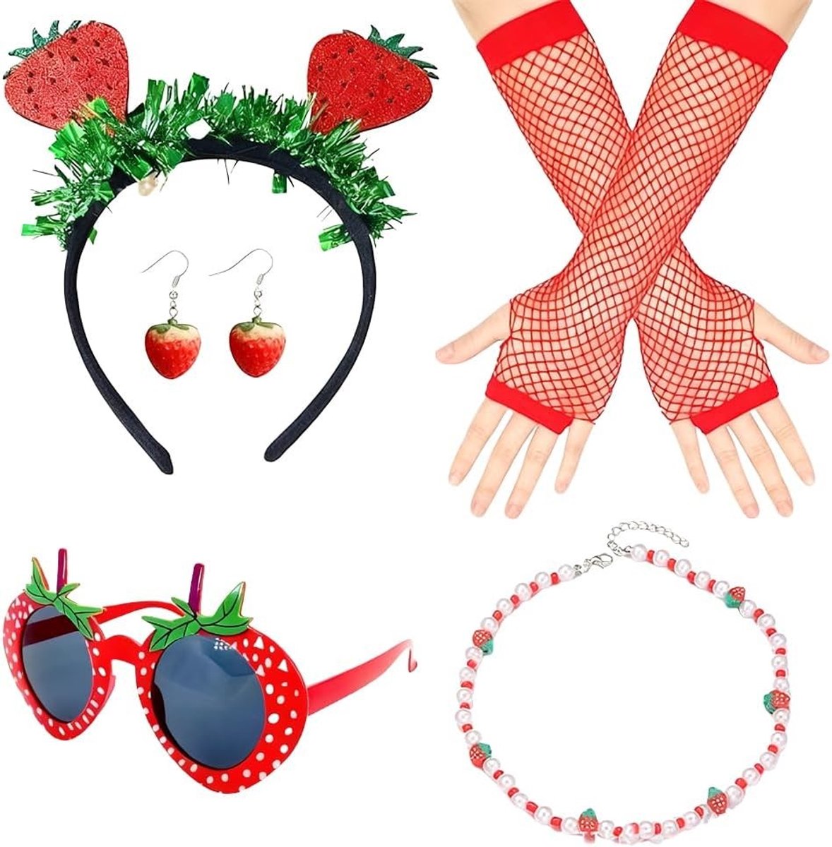 Vrouwelijk aardbeienkostuum met haarband, armband, bril, oorbellen, haarspeld en handschoenen voor carnaval en feesten