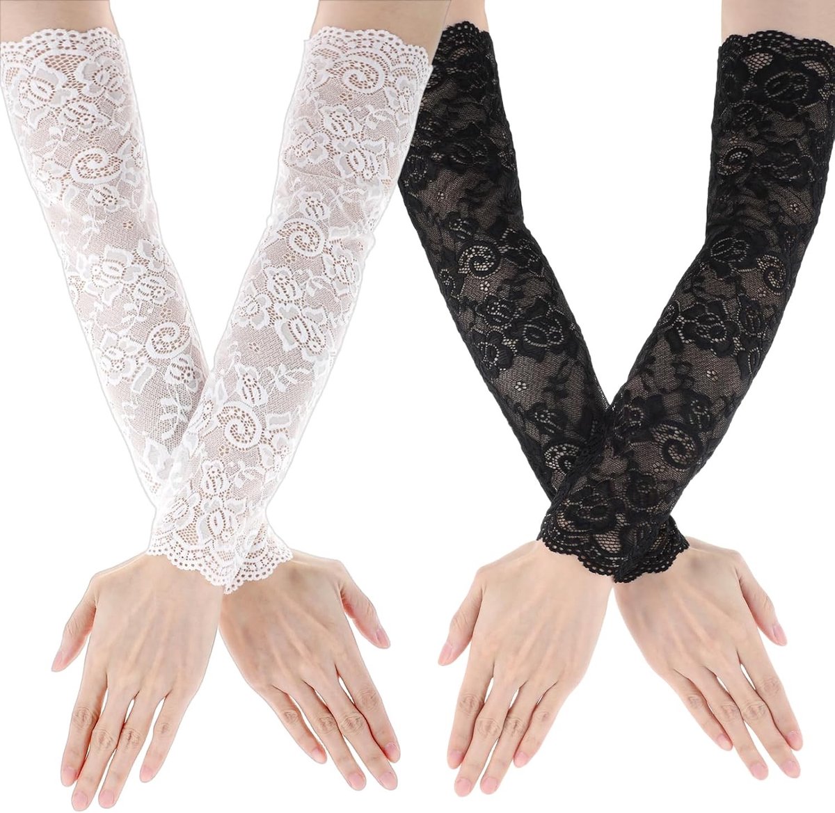Lange Vingerloze Kanten Handschoenen voor Vrouwen - Zwarte Armwarmers met Bloemenpatroon voor Bruiloft en Feestjes