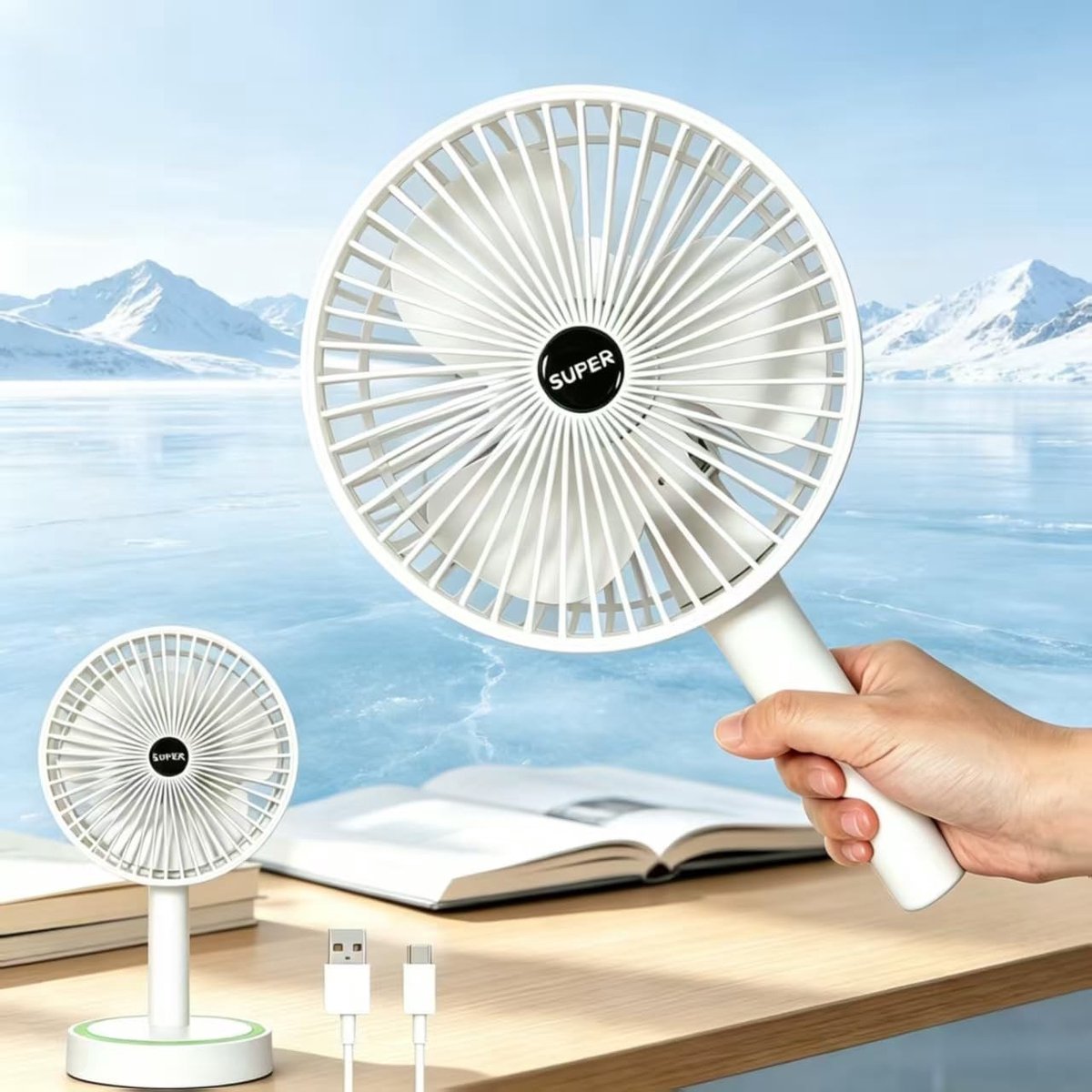 Draagbare Ventilator - Wit - - USB Oplaadbare Mini Handventilator met 3 Snelheden - Voor Thuis en Onderweg