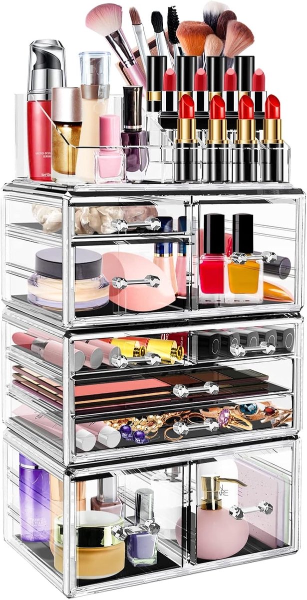 Transparante Make-up Organizer met 9 Lades, Acryl Cosmetica Opbergdoos en Sieraden Display voor Badkamer en Vanity, Stapelbaar en Ruimtebesparend