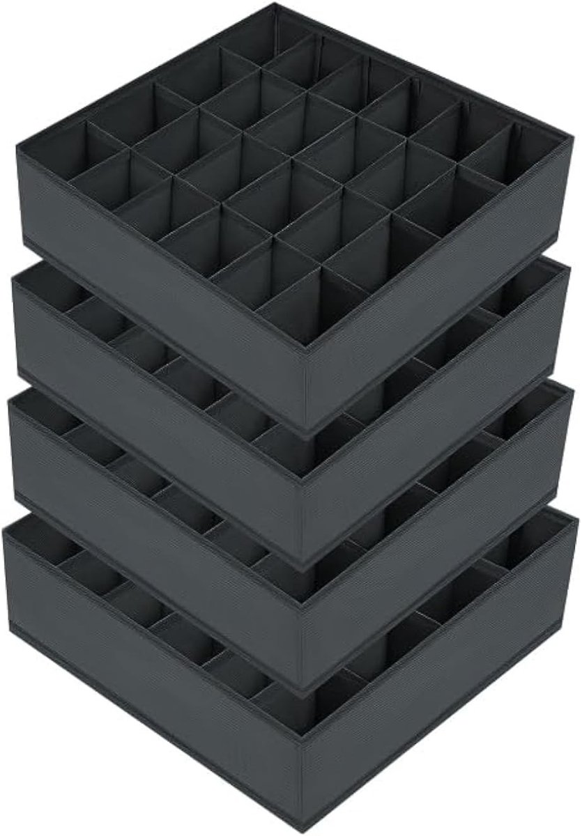 Set van 4 Opbergdozen voor Sokken en Ondergoed, 24 Cellen, Vouwbare Box, Ladeverdeler en Organiser voor Efficiënte Opberging