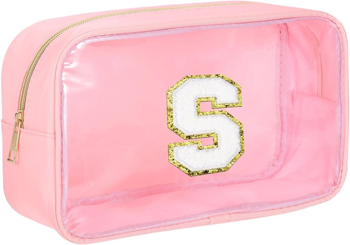 Roze transparante make-uptas met ritssluiting, multifunctionele organizer voor cosmetica en reizen, letter S