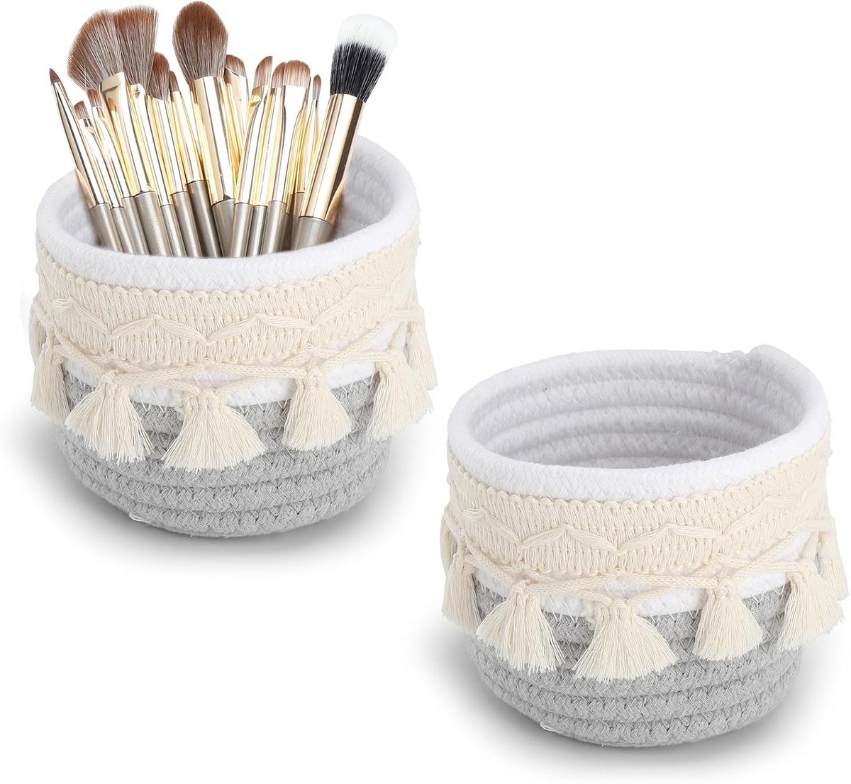 Boho penseelhouder set van 2, gevlochten mandjes voor make-up en cosmetica, perfect voor badkamer en make-uptafel, inclusief 15-delige make-upborstelset en organizer